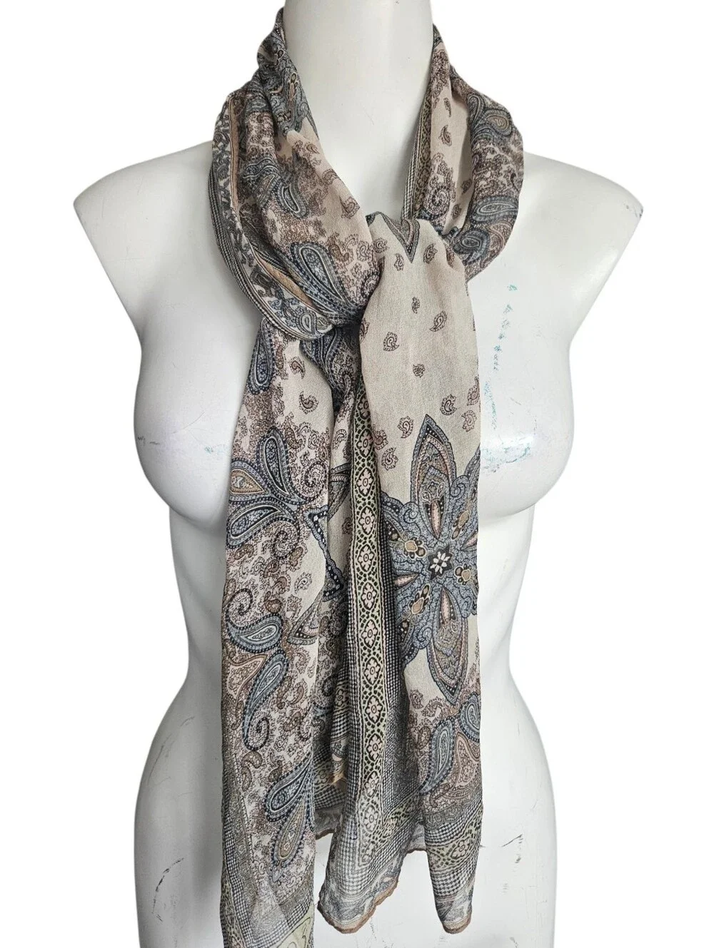Vintage Oscar de la Renta Silk Scarf Blue Tan Paisley Medallion Boho Print Luxe